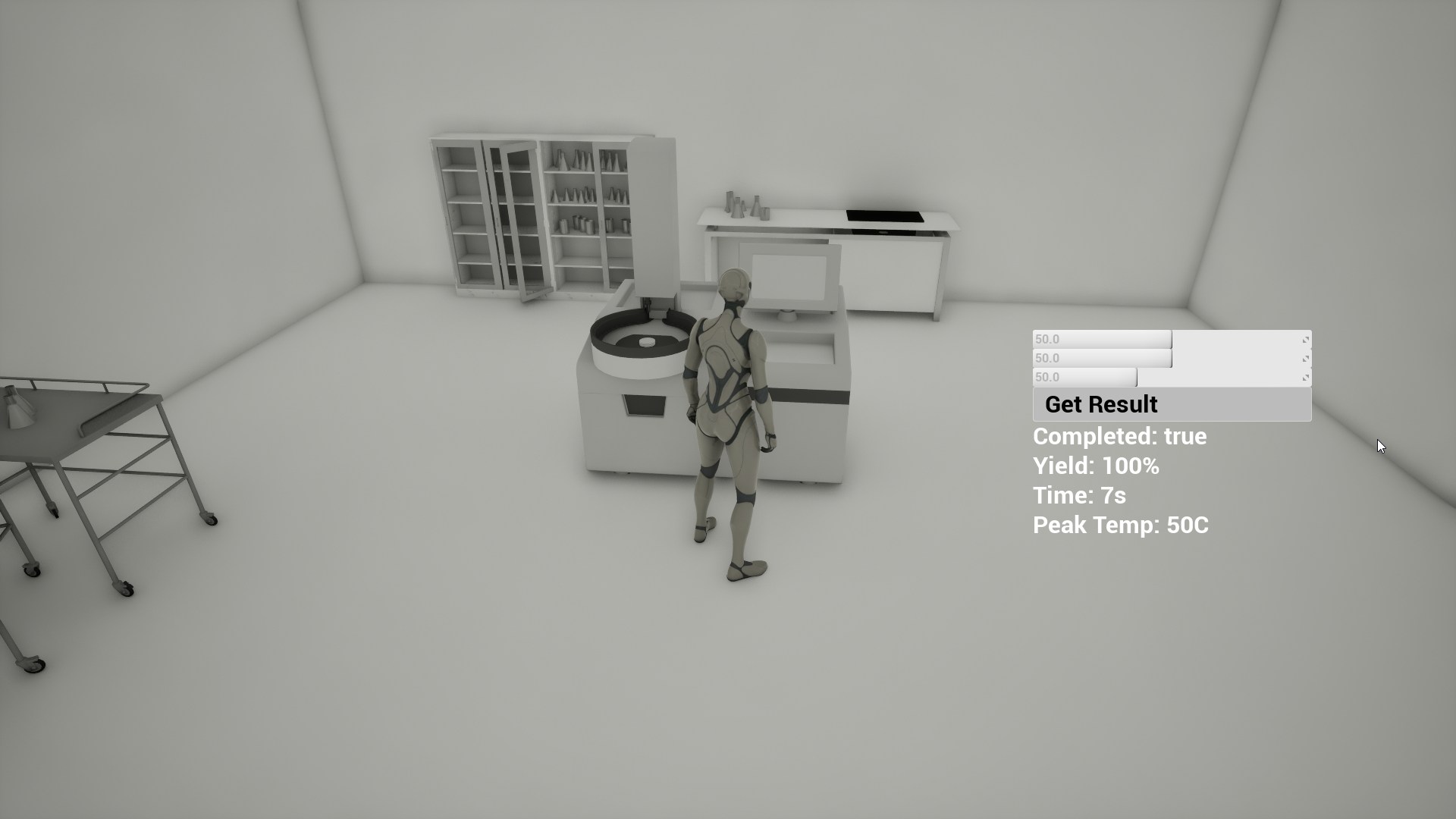 Unreal Engine laboratory prototype with the player character at the reaction station